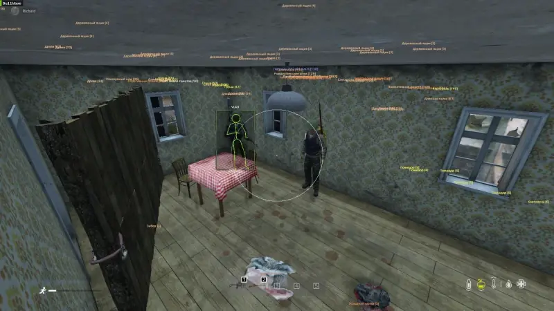 DAYZ aimbot and skeleton ESP overlay in a building
